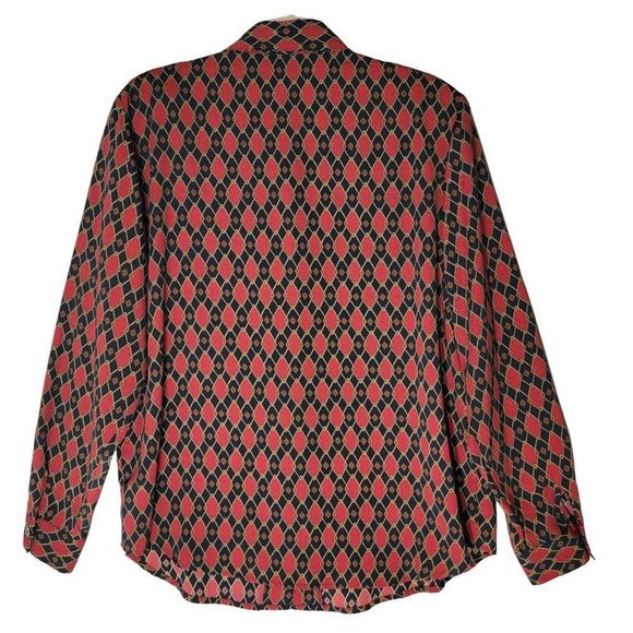 Vintage Cathy Che Blouse 1X Button Front Shoulder Pads Long Sleeve Red Blue Geo - Picture 3 of 10